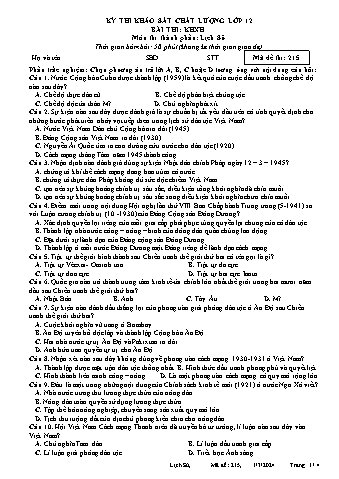 Đề thi khảo sát chất lượng Lịch sử 12 - Mã đề 215 - Năm học 2023-2024 (Có đáp án)