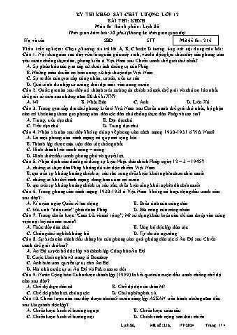 Đề thi khảo sát chất lượng Lịch sử 12 - Mã đề 216 - Năm học 2023-2024 (Có đáp án)