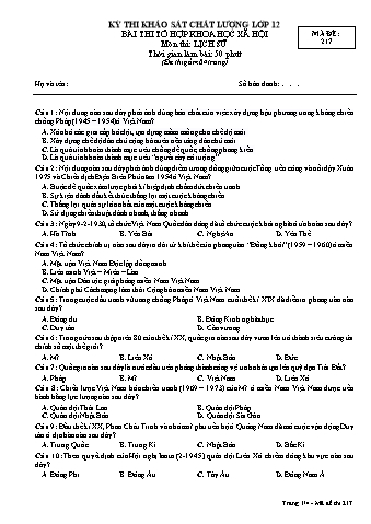 Đề thi khảo sát chất lượng Lịch sử 12 - Mã đề 217 (Có đáp án)