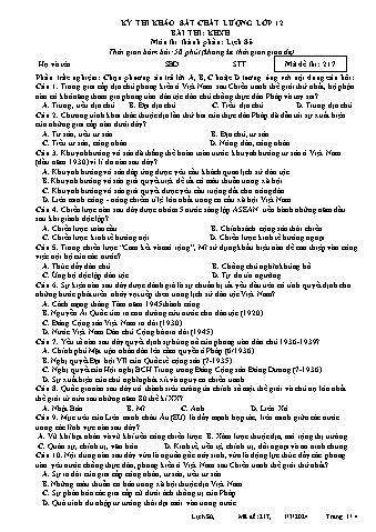 Đề thi khảo sát chất lượng Lịch sử 12 - Mã đề 217 - Năm học 2023-2024 (Có đáp án)