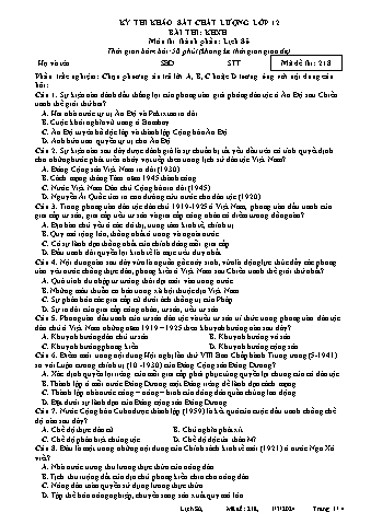 Đề thi khảo sát chất lượng Lịch sử 12 - Mã đề 218 - Năm học 2023-2024 (Có đáp án)