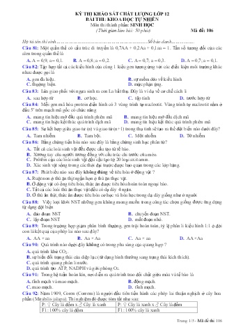 Đề thi khảo sát chất lượng Sinh học 12 - Mã đề 106 (Có đáp án + Ma trận)