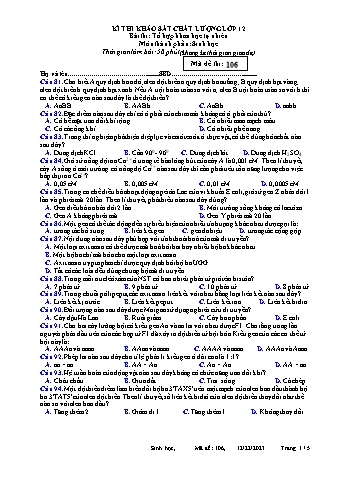 Đề thi khảo sát chất lượng Sinh học 12 - Mã đề 106 - Năm học 2023-2024 (Có đáp án)