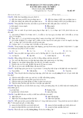 Đề thi khảo sát chất lượng Sinh học 12 - Mã đề 107 (Có đáp án + Ma trận)