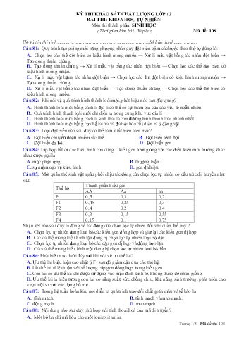 Đề thi khảo sát chất lượng Sinh học 12 - Mã đề 108 (Có đáp án + Ma trận)