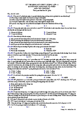 Đề thi Khảo sát chất lượng Sinh học 12 - Mã đề 121 (Có đáp án + Ma trận)