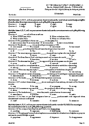 Đề thi khảo sát chất lượng Tiếng Anh 12 - Mã đề 001 (Có đáp án)