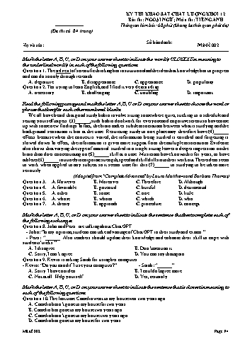 Đề thi khảo sát chất lượng Tiếng Anh 12 - Mã đề 002 (Có đáp án)