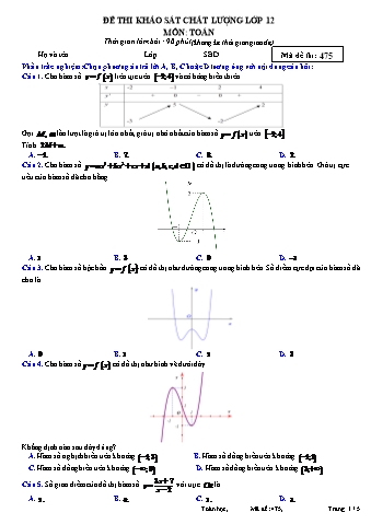 Đề thi khảo sát chất lượng Toán 12 - Mã đề 475 (Có đáp án)