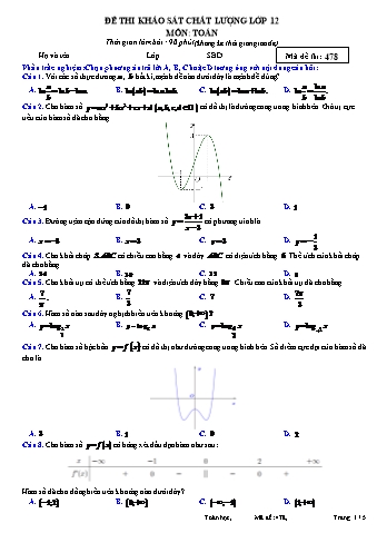 Đề thi khảo sát chất lượng Toán 12 - Mã đề 478 (Có đáp án)