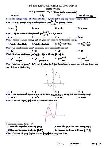 Đề thi khảo sát chất lượng Toán 12 - Mã đề 481 (Có đáp án)
