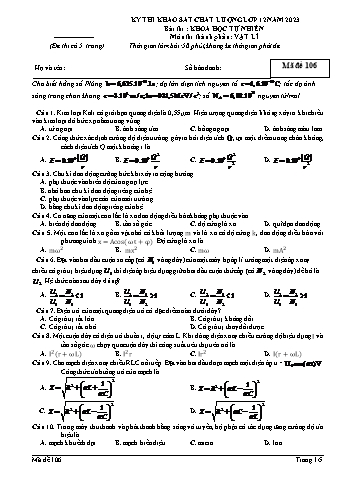 Đề thi khảo sát chất lượng Vật lí 12 - Mã đề 106 (Có đáp án + Ma trận)