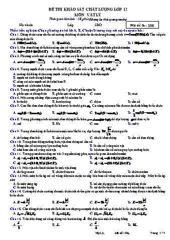 Đề thi khảo sát chất lượng Vật lí 12 - Mã đề 106 (Có đáp án)