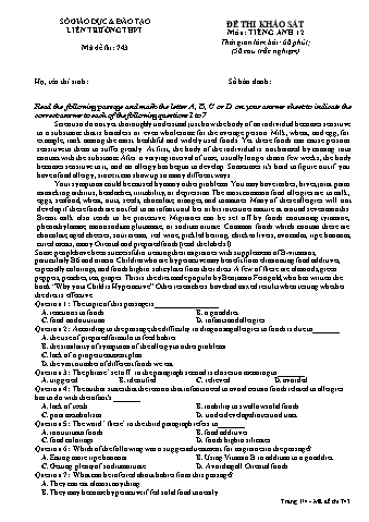 Đề thi khảo sát Tiếng Anh 12 - Mã đề 743 (Có đáp án)