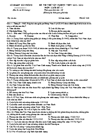 Đề thi thử tốt nghiệp THPT Lịch sử 12 - Mã đề 265 - Năm học 2022-2023 - Sở GD&ĐT Hải Phòng (Có đáp án)