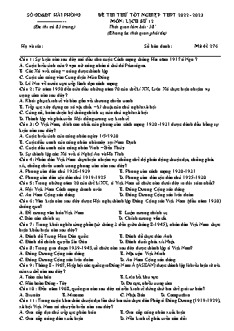Đề thi thử tốt nghiệp THPT Lịch sử 12 - Mã đề 276 - Năm học 2022-2023 - Sở GD&ĐT Hải Phòng (Có đáp án)