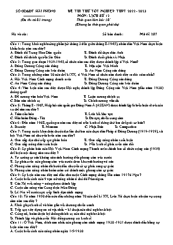 Đề thi thử tốt nghiệp THPT Lịch sử 12 - Mã đề 287 - Năm học 2022-2023 - Sở GD&ĐT Hải Phòng (Có đáp án)