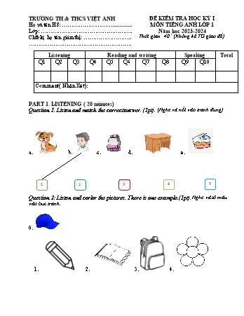 Ma trận Đề kiểm tra học kì I Tiếng Anh 1 - Năm học 2023-2024 - Trường TH&THCS Việt-Anh (Có đáp án + File nghe)