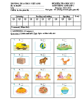 Ma trận Đề kiểm tra học kì I Tiếng Anh 2 - Năm học 2023-2024 - Trường TH&THCS Việt-Anh (Có đáp án + File nghe)