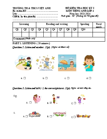 Ma trận Đề kiểm tra học kì I Tiếng Anh 4 - Năm học 2023-2024 - Trường TH&THCS Việt-Anh (Có đáp án + File nghe)