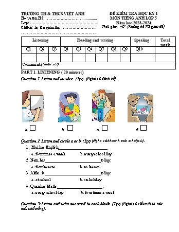 Ma trận Đề kiểm tra học kì I Tiếng Anh 5 - Năm học 2023-2024 - Trường TH&THCS Việt-Anh (Có đáp án + File nghe)