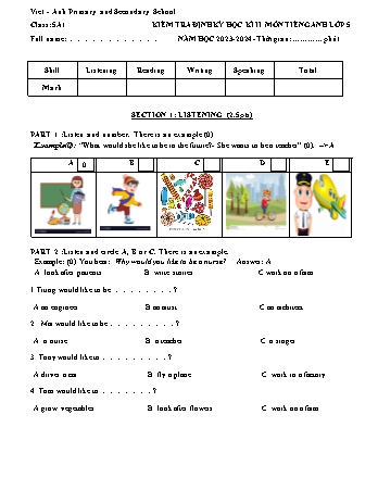 Ma trận Đề kiểm tra học kì II Tiếng Anh 5 - Năm học 2023-2024 - Trường Tiểu học Việt-Anh (Có đáp án + File nghe)