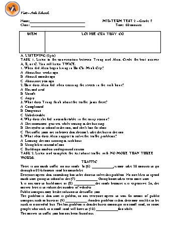Ma trận Đề thi giữa học kì II Tiếng Anh 7 - Năm học 2020-2021 (Có đáp án + File nghe)