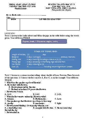Ma trận Đề thi giữa học kì II Tiếng Anh 9 - Năm học 2023-2024 - Trường TH&THCS Việt-Anh (Có đáp án + File nghe)